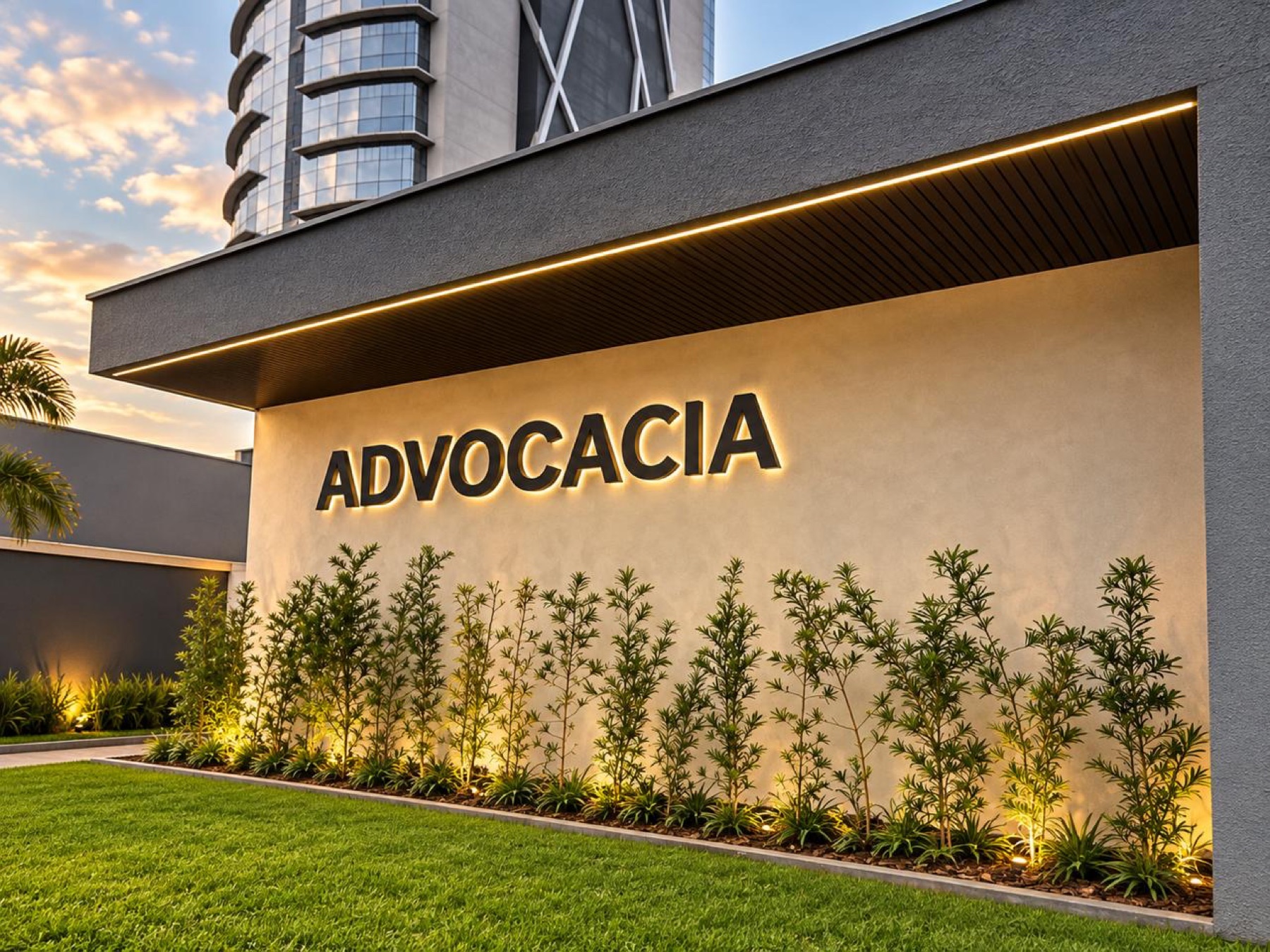 Fachada de escritório de advocacia com letreiro iluminado