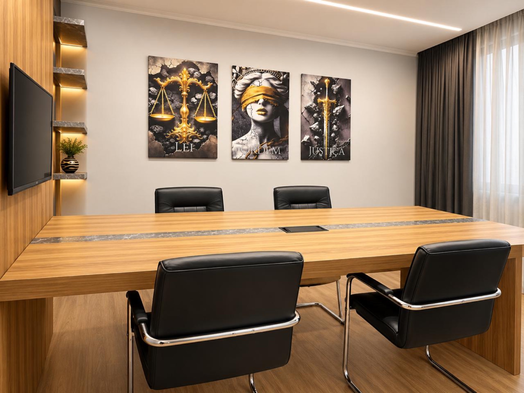 Sala de reuniões com mesa ampla e quadros jurídicos